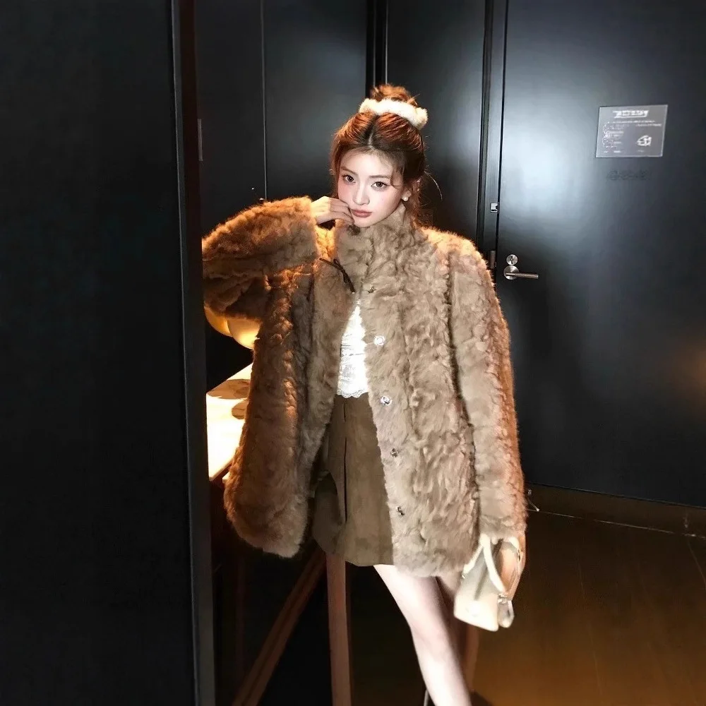 Kurze Jacken aus Kunstfell, Mäntel für Damen, beliebt, verdickt, Club, weiblich, ästhetisch, zarte Vorderseite, warme Jacke mit Pelzgefühl, Eleganz