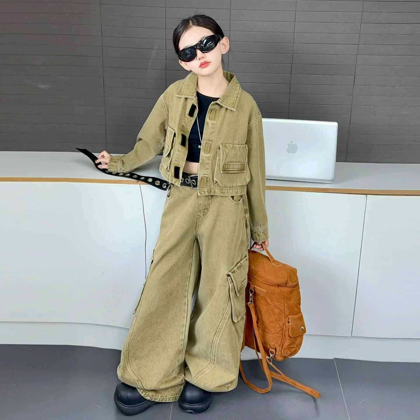 

Junior Girls Two-piece Denim Sets School Girls Long Sleeve Coat Teenager Girls Loose Mid Waist Pant Children Girls Cargo Outfit