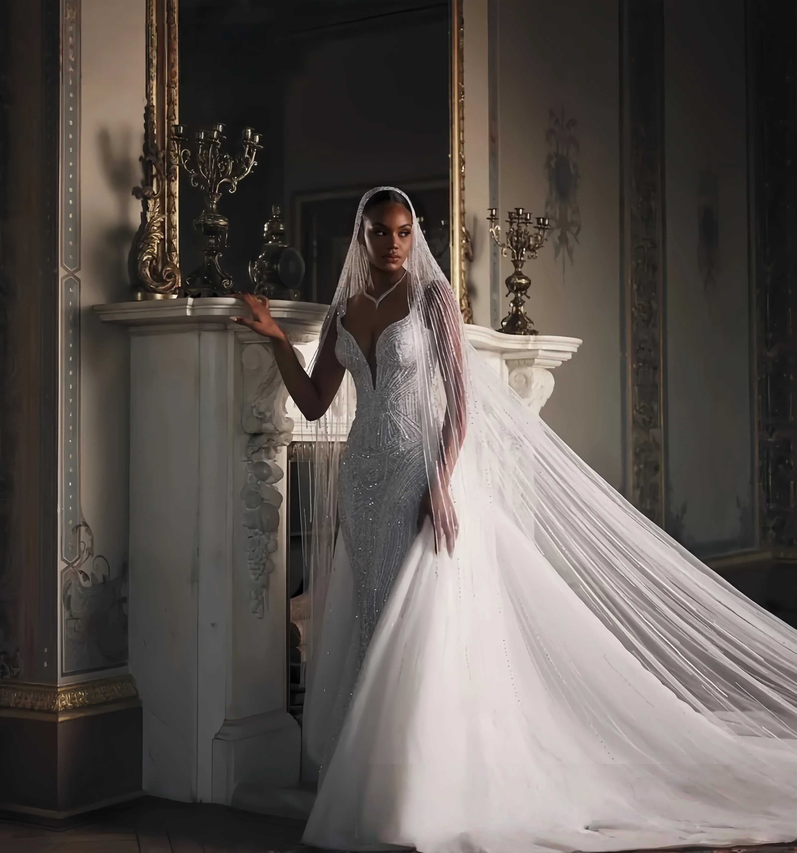 Suknia Ślubna Syrena Koronka Koraliki 2 w 1 Elegancka Głęboki Dekolt w Serek Bez Rękawów Suknia dla Panny Młodej Vestidos De Novia