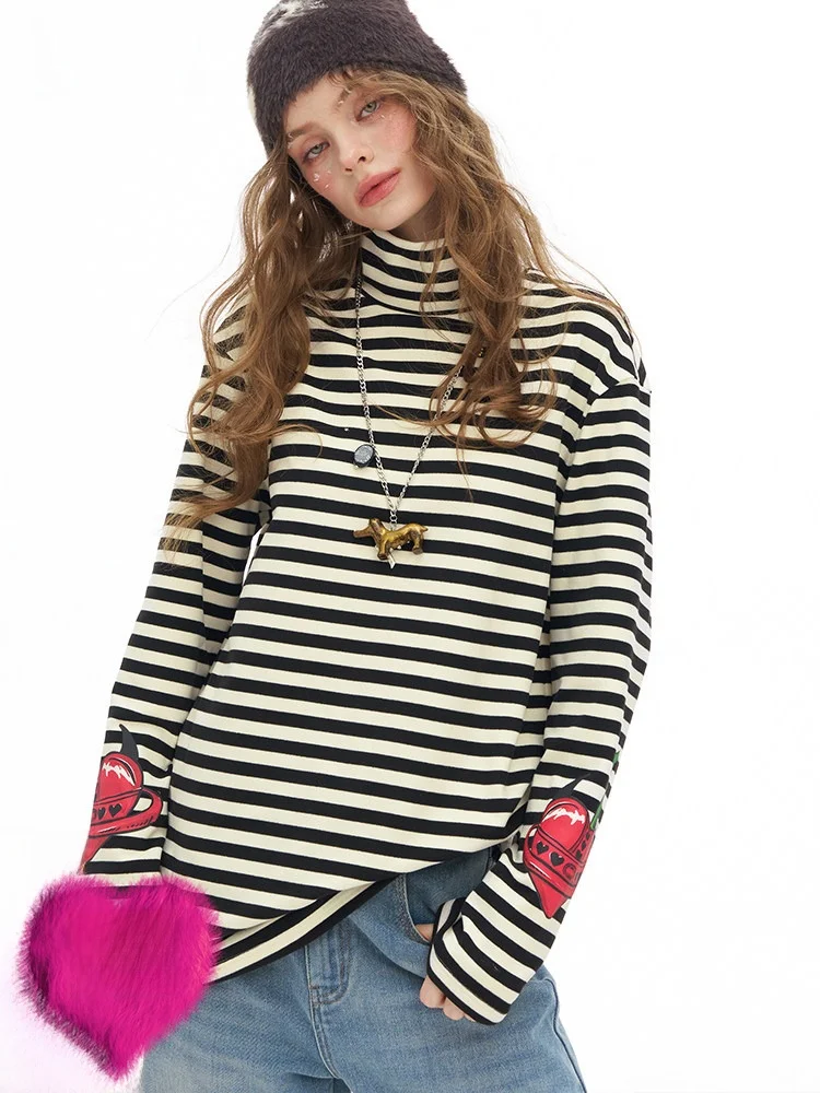 

Women's High Collar Long Sve Striped T-irt Winter Slim Fit Base Layer irt Casual Sle Polyester Spandex Blend