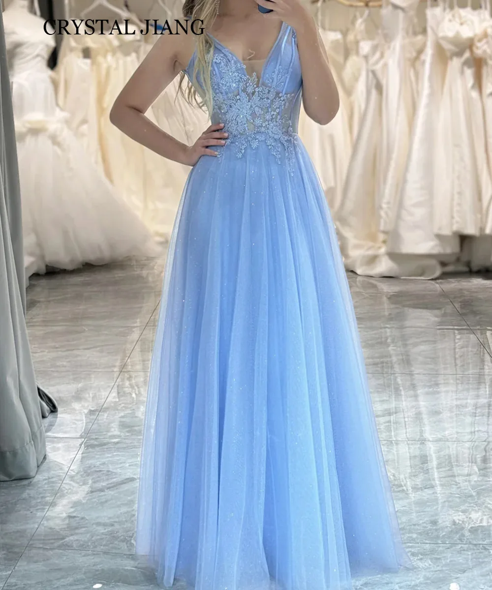 

Glitter Long Sky Blue Evening Dresses V Neck Tulle Sleeveless Backless Lace Up A Line Floor Length فساتين سهرات