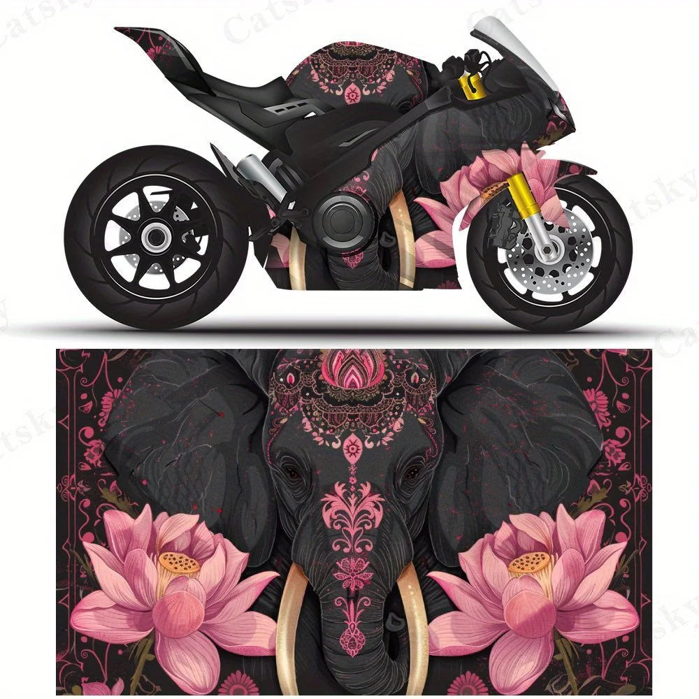 

Pink Decorated Elephant & Lotus Motorcycle Vinyl Wrap, PVC Self-Adhesive Waterproof Motorcycle Sticker, Anti-Scratch Decorative