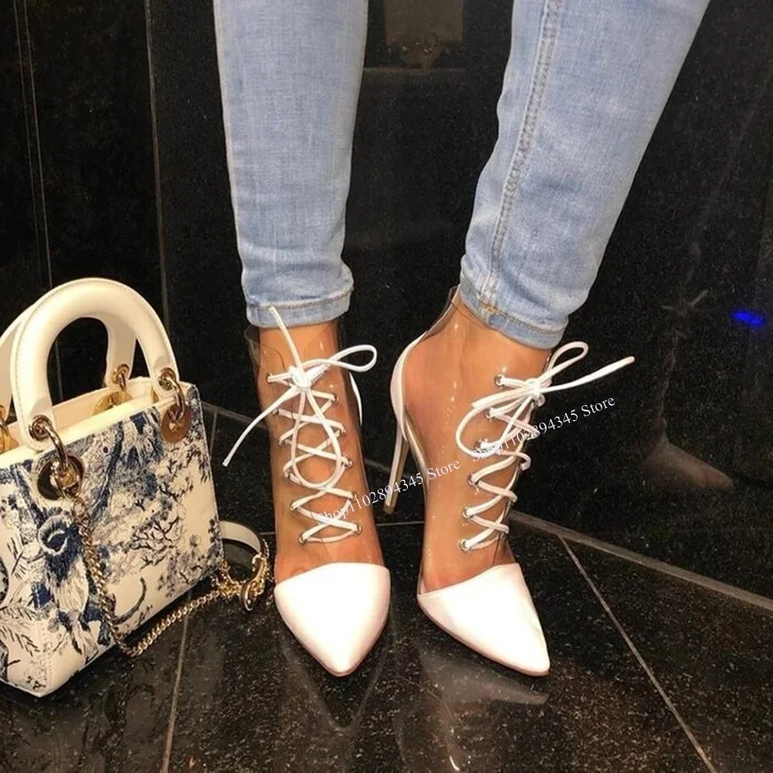 Clear PVC Lace Up Pointed Toe Pumps Thin High Heel Cool Fashionable Sexy Summer Casual Big Size Woman Shoes Zapatillas Mujer