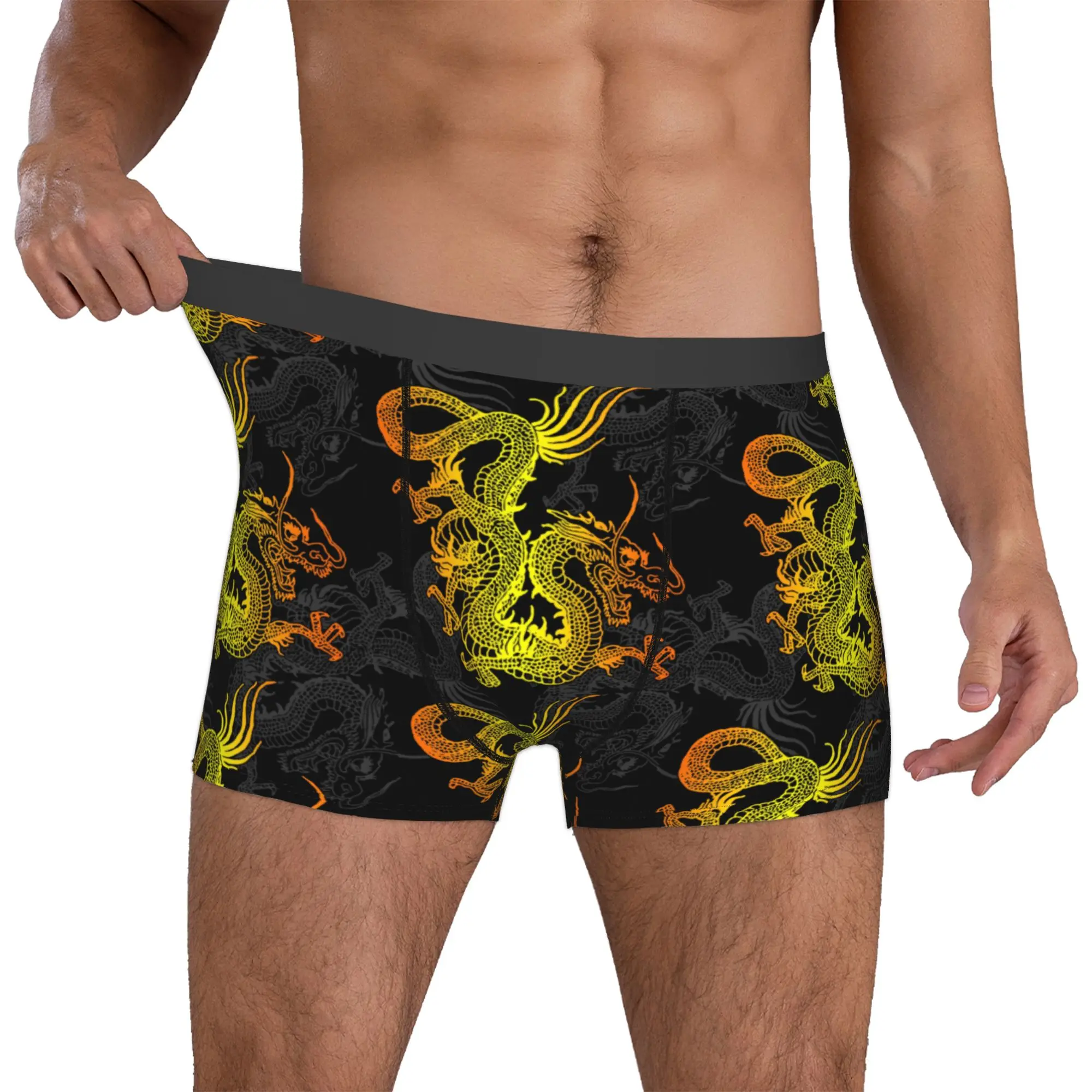 Male Funny Golden Chinese Dragon Pattern Underwear Japanese Oriental Mythical Boxer Briefs Soft Shorts Panties Underpants