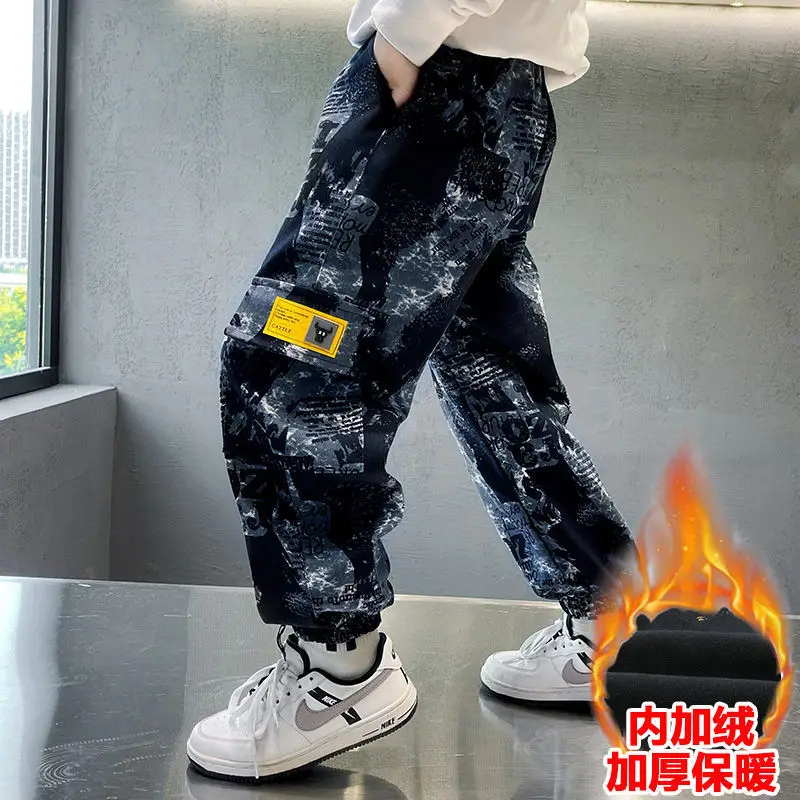 

2022 Winter Cargo Pants Boys Casual Loose Trousers Boys Camouflage Fleece Lined Leggings Children Elastic Waist Pants Trousers