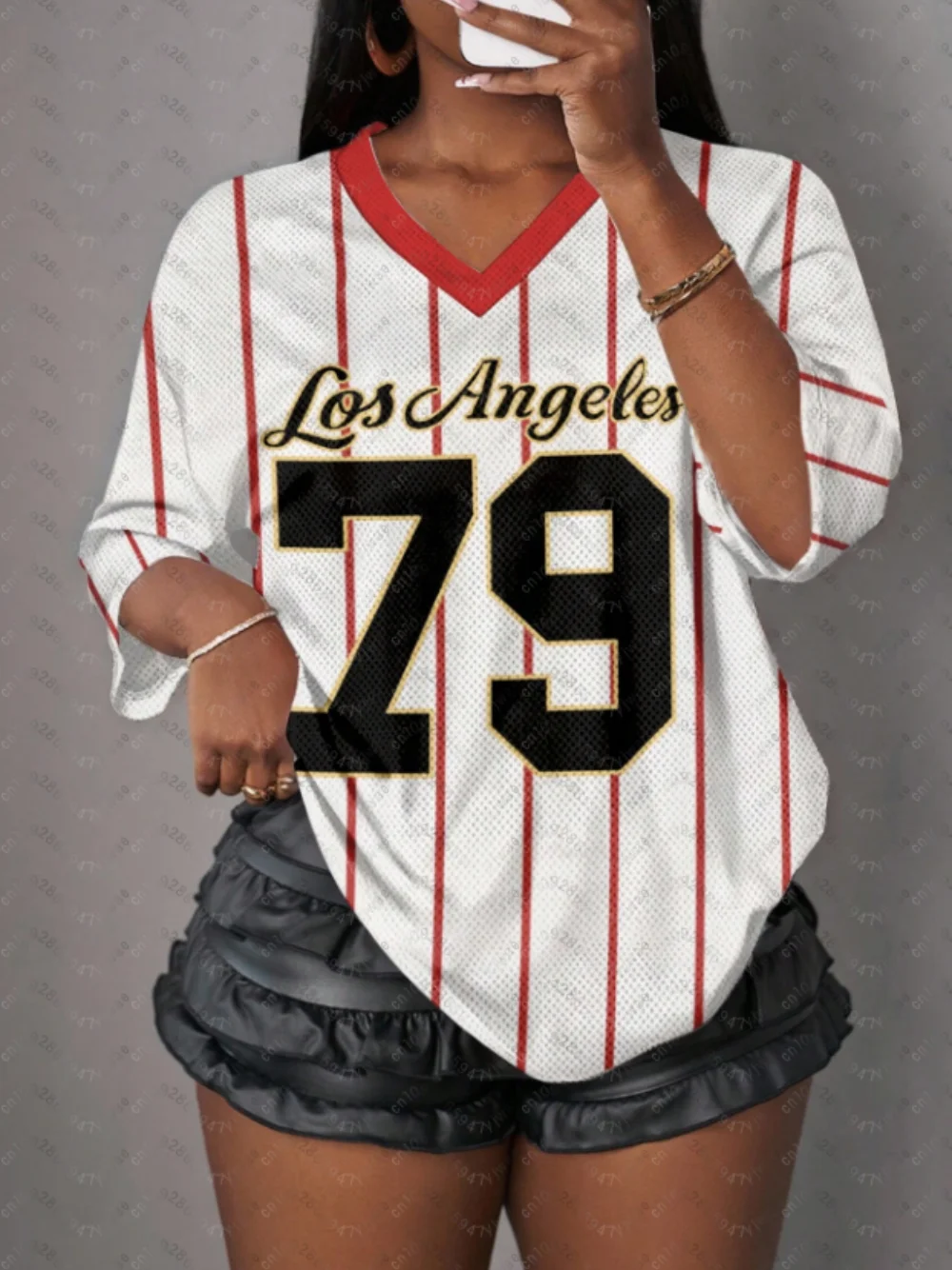 

Fashion Women's Los Angeles NO.79 Print V-Neck Short Sleeve T-Shirt Summer Graphic Tee Baseball Jerseys Plus Size Sport T-Shirts