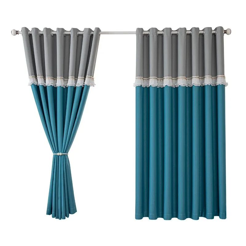 Chinese Style Nordic Simple Curtains for Bedroom Living Room Window Solid Color Splicing Blackout Sunshade Ready-Made Drapes
