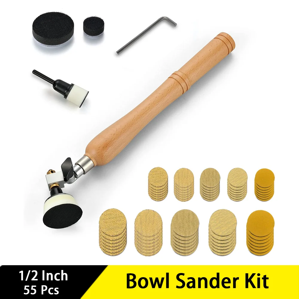 1/2 Inch Bowl Sander Kit 55 Pcs with Hook&Loop Sanding Disc Backing Plate and Foam Interface Pad for Woodworking Curved Surfaces