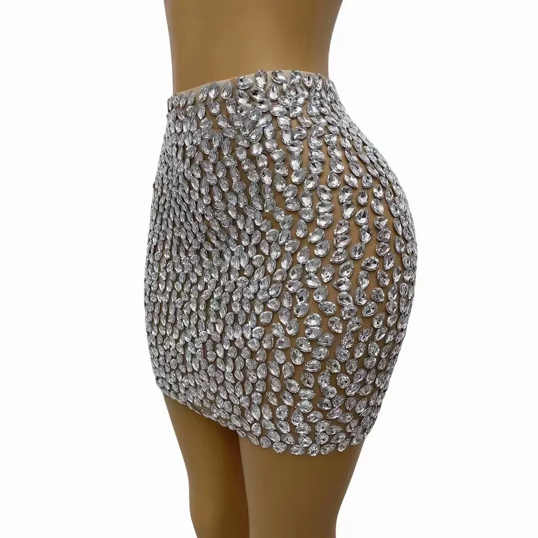 Sexy Stage Bling Silver Rhinestones Skirt Stretch Mesh Outfit Dance Stage Birthday Celebrate Performance Photoshoot Costume