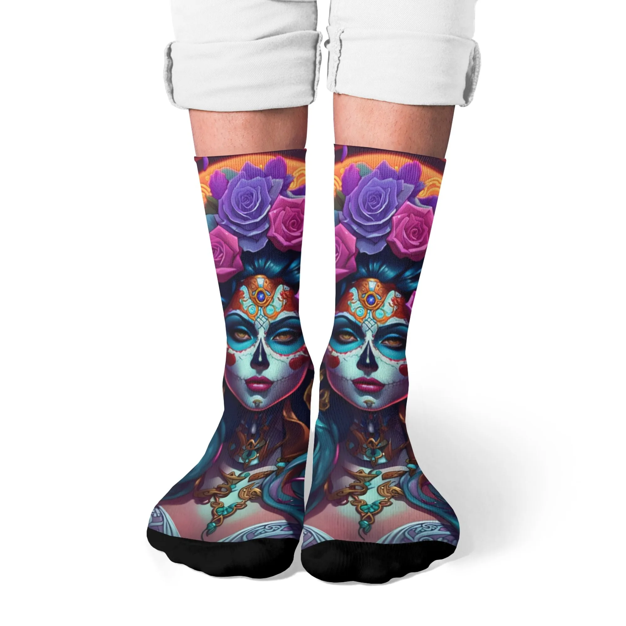 Day of The Dead Style Female Image Crew Socks with Sugar Skull Makeup & Rose Decoration Festive Cultural Celebrations Gift