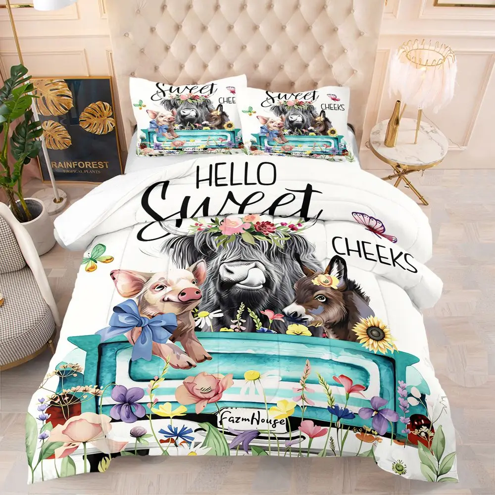 Farm Highland Cow Pig Quilt Comforter Set Bedding Set Pillowcase Country Soft Adult Bedroom Complete Kit