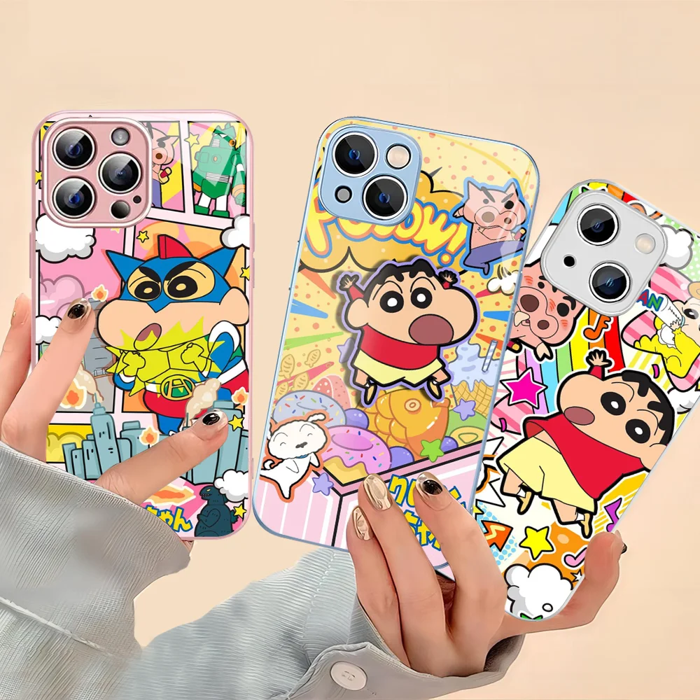 C-Crayon S-Shin Chan Cute Fashion Phone Case For IPhone 14 13 12 Mini 11 Pro XS Max X XR 14 Plus Tempered Glass Cover