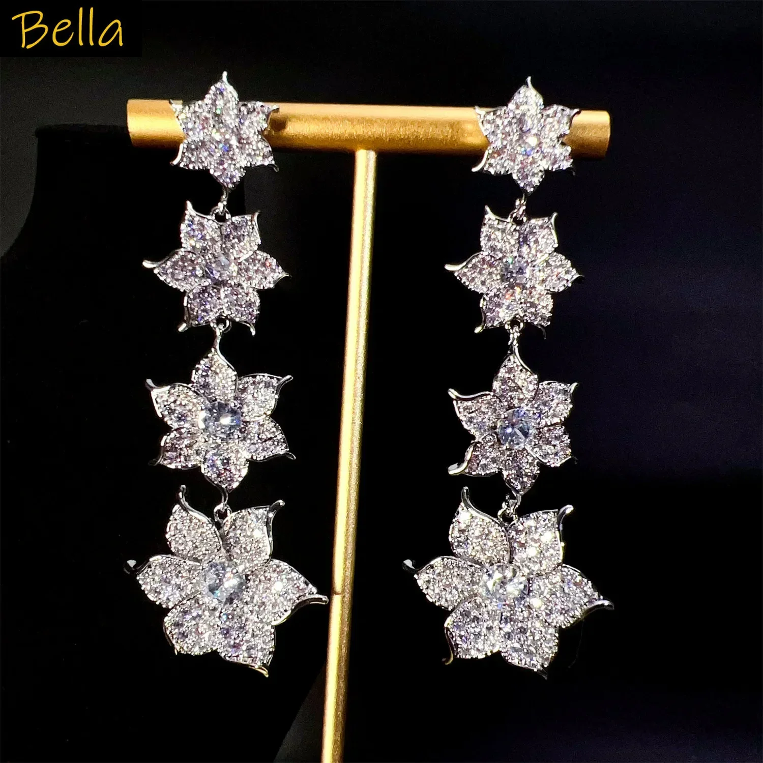 

fashion cubic zirconia earrings for women shiny jewelry silver gold color flower dangling earrings gala event dinner party gift