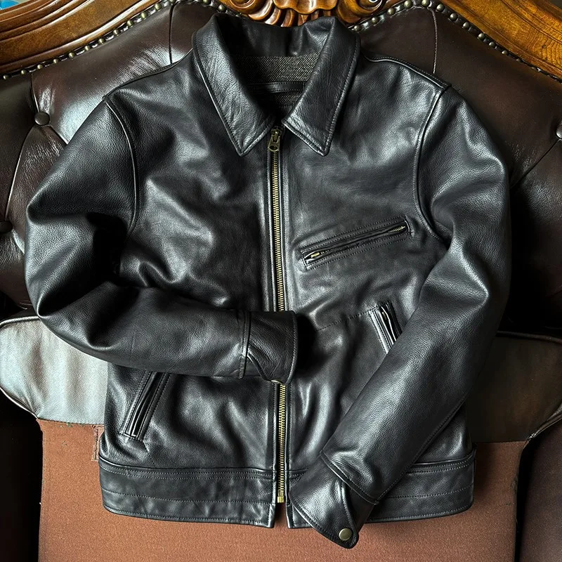 Short leather motorcycle with a lapel made of pure cowhide