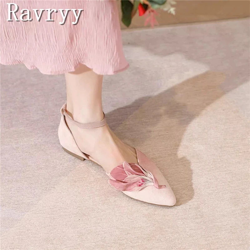 Flower decor Pointed Toe Single Shoes Designer Flat Bottom Strap Sandals Women\'s Evening Versatile Mary Jane Shoes