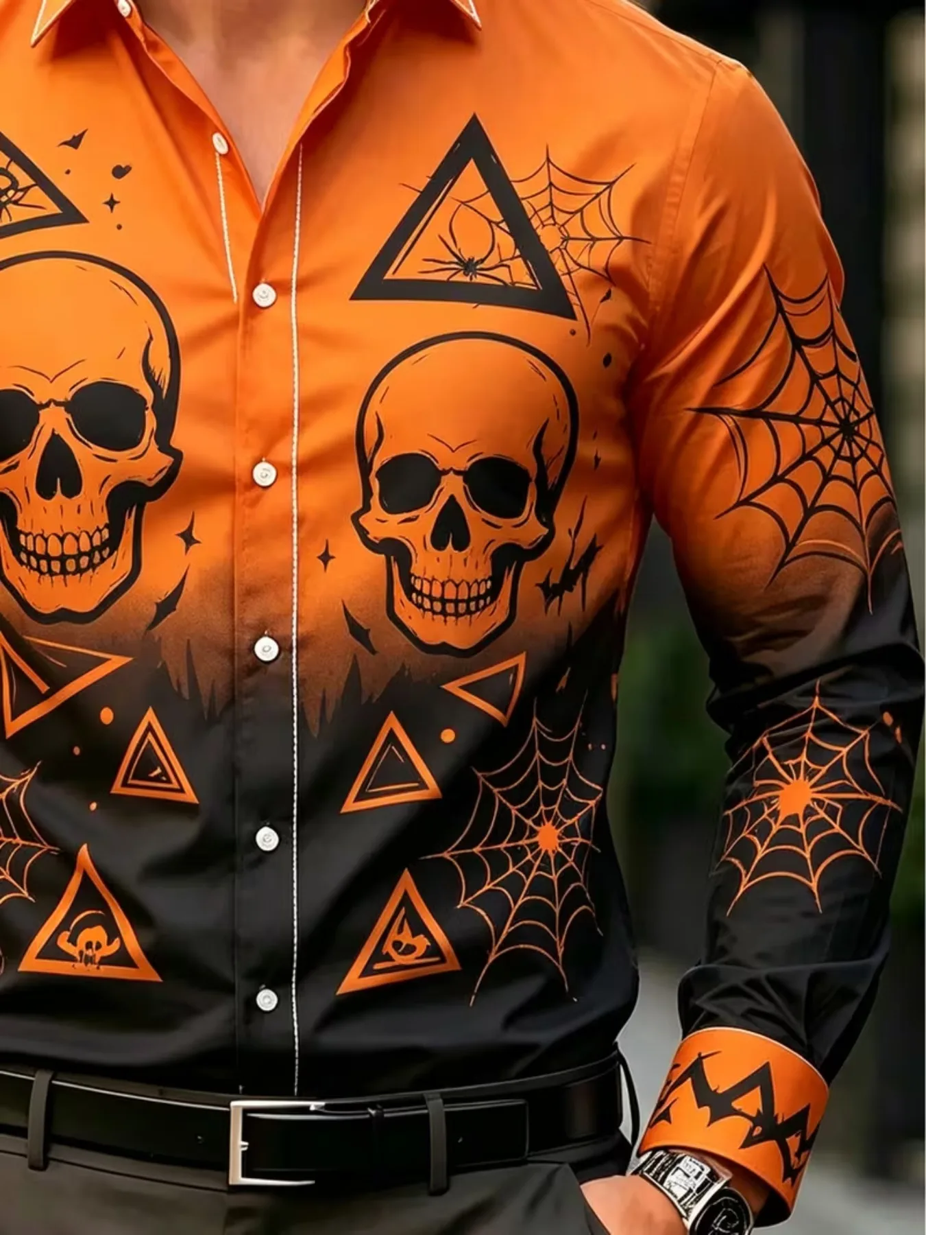Men Long Sleeve Button Down Shirt Orange Black Skull Spider Web Triangle Print Polyester Lapel Collar Halloween Party