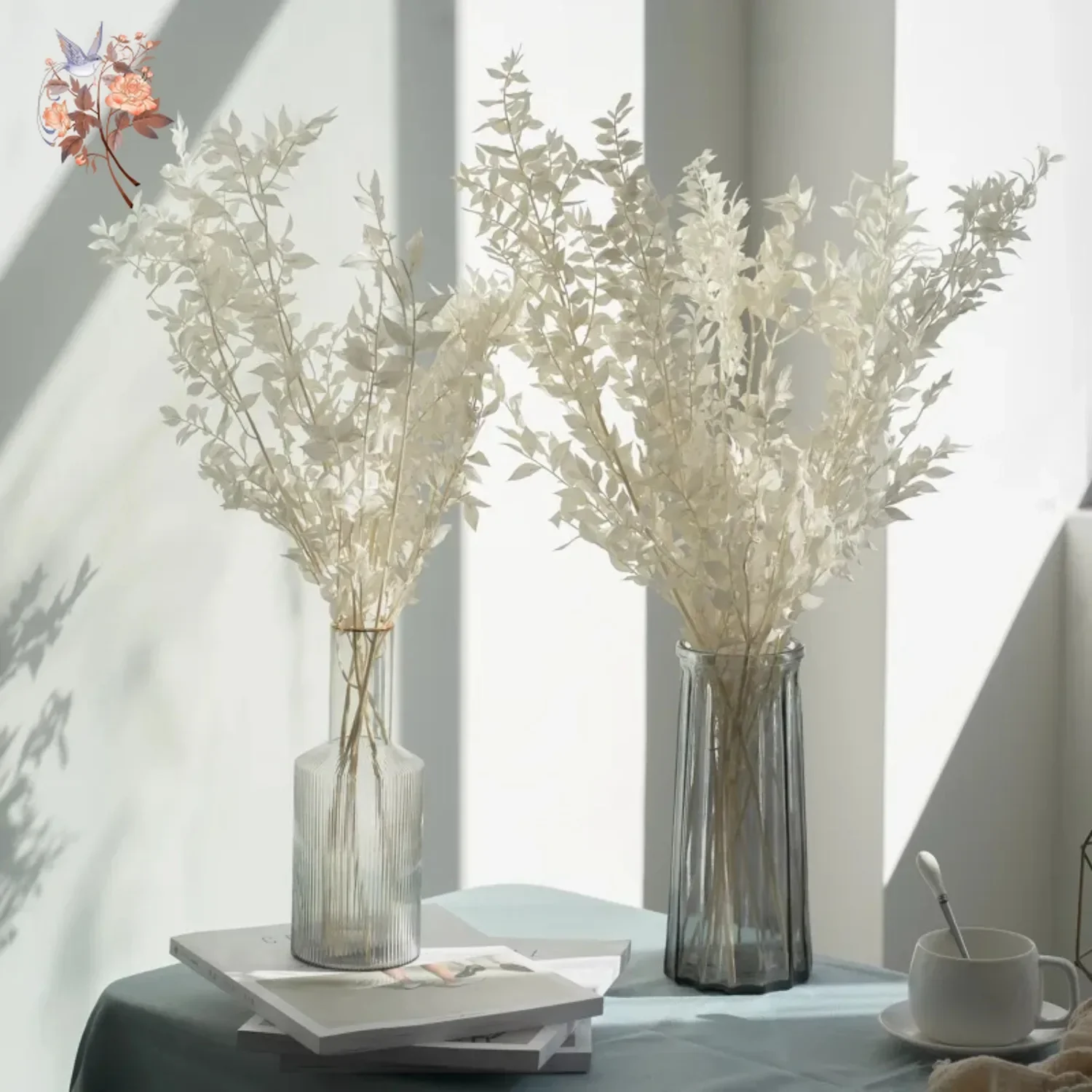 50g Natural Real Ruscus Leaves Dried Flower Bouquet White Eucalyptus Branches for Home Room Decor Wedding Arrangement Decoration