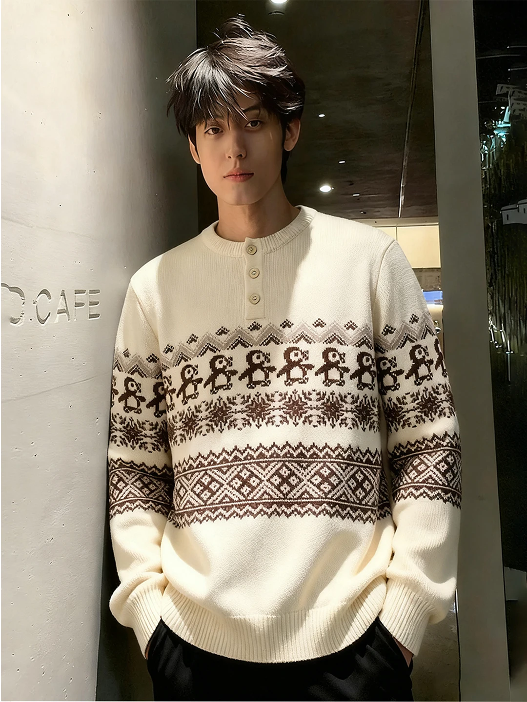 

American Retro College Sle Men's Knitted Sweater Henry Collar Autumn Winter Thiened Lazy Sle Outerwear Floral Pattern