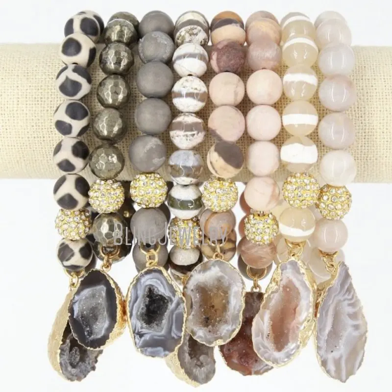 BM20552 Raw Agate Druzy Stone Crystal Geode Slice Bracelet Moonstone Beads Stacking Layering 