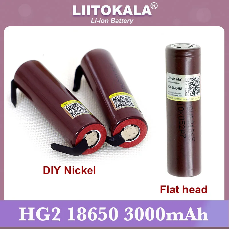 20pcs/lot Liitokala new HG2 18650 3000mAh battery 18650HG2 3.6V discharge 20A dedicated For hg2 batteries Flat head + DIY Nickel