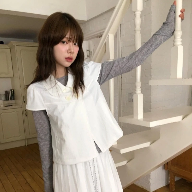 Cute Chic Korean Sle Bubble Sve Irt Ort Sve Turn-down Collar Doll Button Summer Top Girls Sweet Women's Commute Faion Clothing
