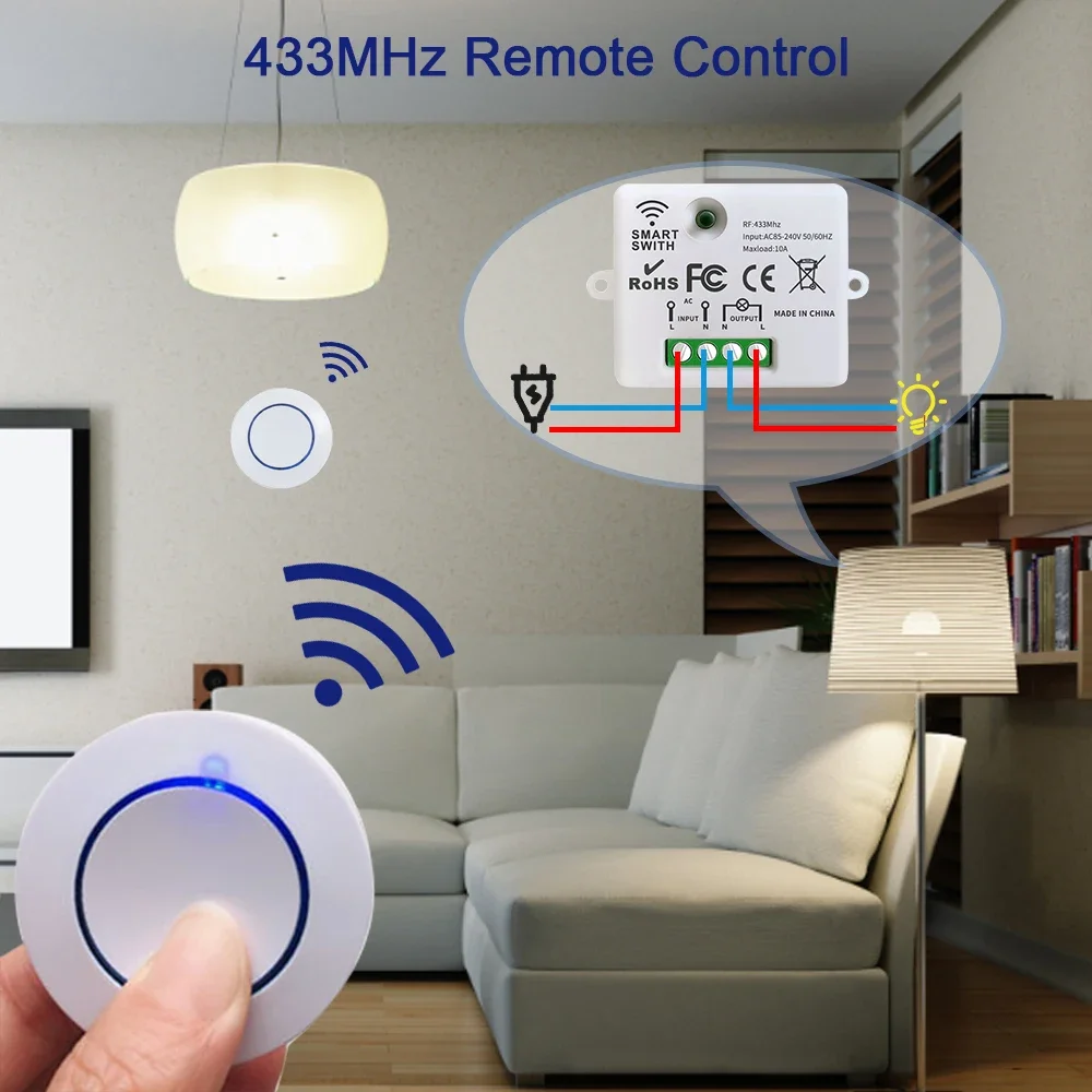 RF 433MHz Wireless Remote Control Light Switch 220V 110V 10A Relay Receiver Mini Round Button Wall Panel Switch For LED Lamp