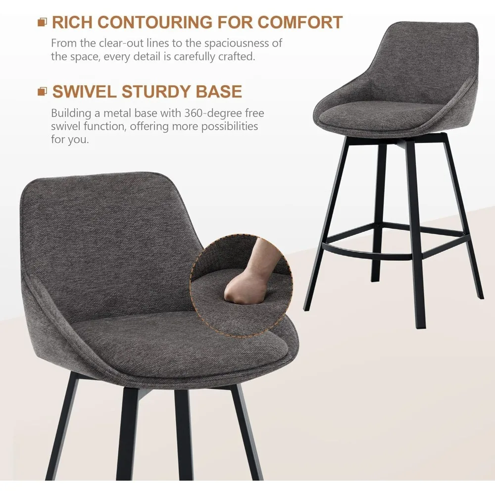 طقم كراسي بار دوارة حديثة مكونة من 2، كراسي بارتفاع منضدة مع ظهر من الكتان المنجد، ارتفاع 26 بوصة #4