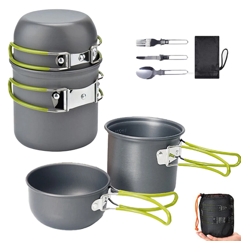 

Camping Cookware Set Cooking Pots Aluminum Alloy Multicooker Portable Set Cutlery Spork Camping Supplies Outdoor Cooking Hiking