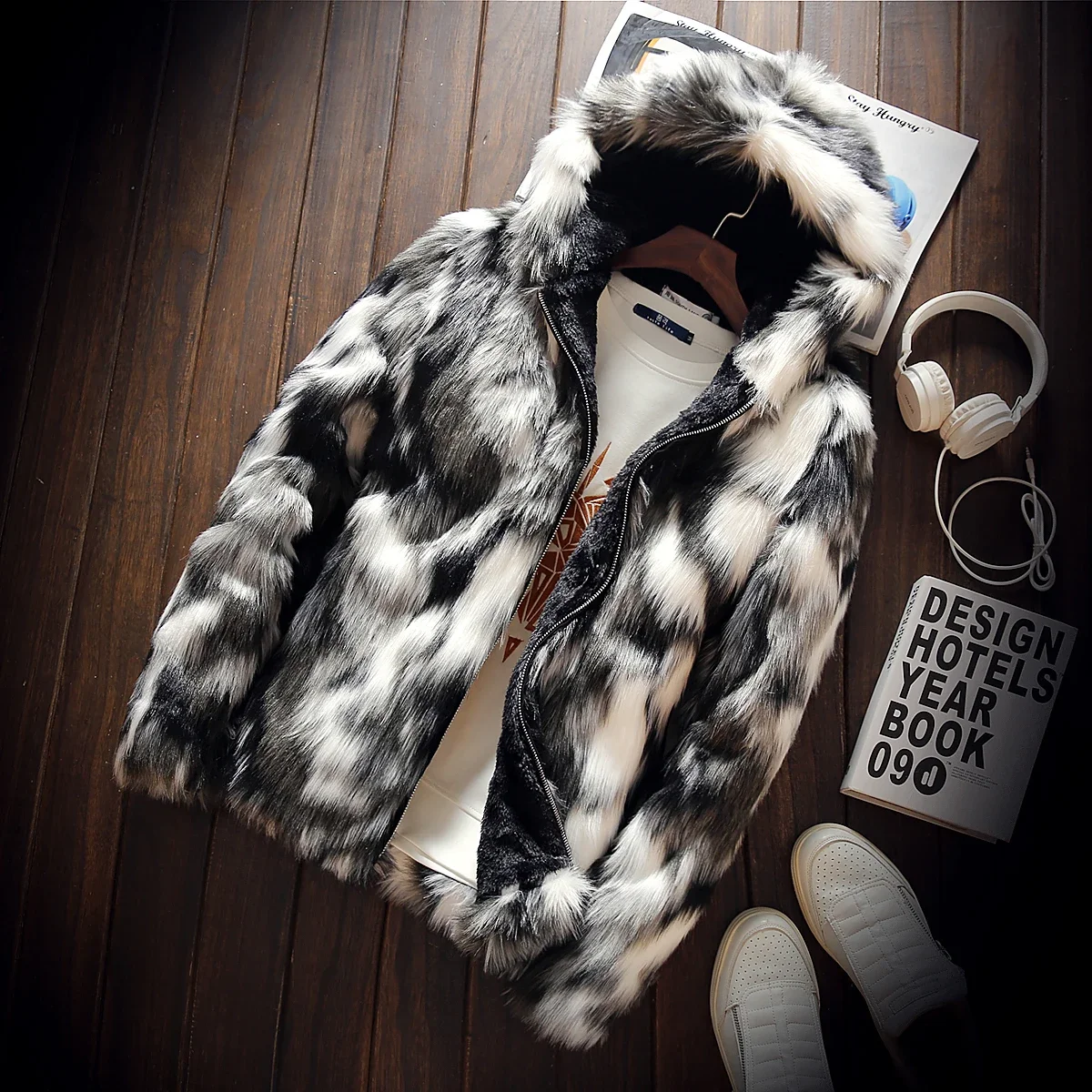 Winter Warm Plus Fleece Faux Fur Fox Fur Casual Mens Hooded Jacket Thick Boutique Fashionable Male Slim Coats Size S-5XL