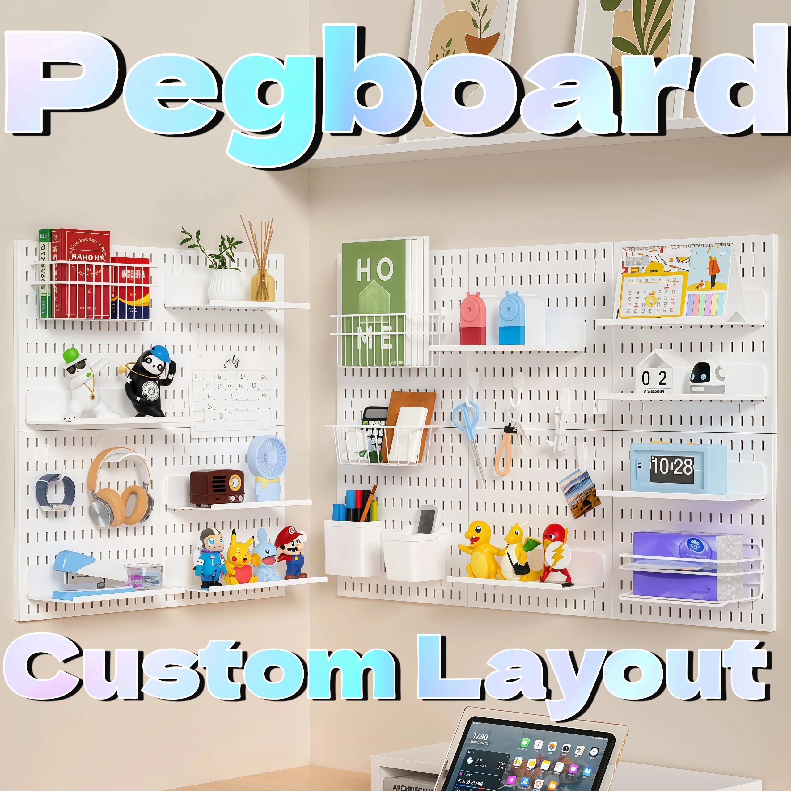 Wall Mounted PP Pegboard for Living Room, Hole Board Organizer with Hooks Shelf for TV Remote Books Decor Display, Black White