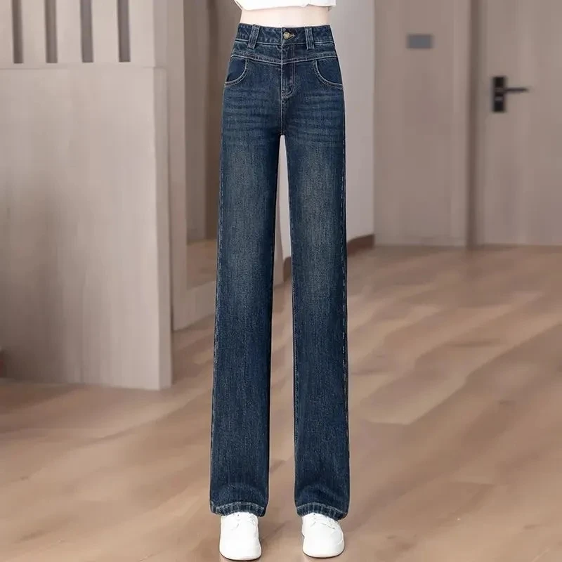Moda retro jeans estreitos feminino nova cintura alta calças de cowboy primavera outono novo casual em linha reta perna larga denim calças femininas