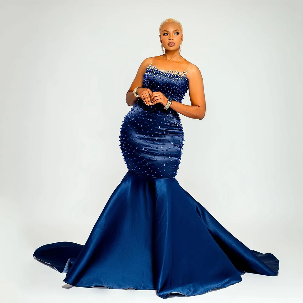 

Beaded Mermaid Prom Dresses Plus Size African Wedding Guest Gown Crystals Modest Birthday Dress Aso Ebi Formal Gown Customized