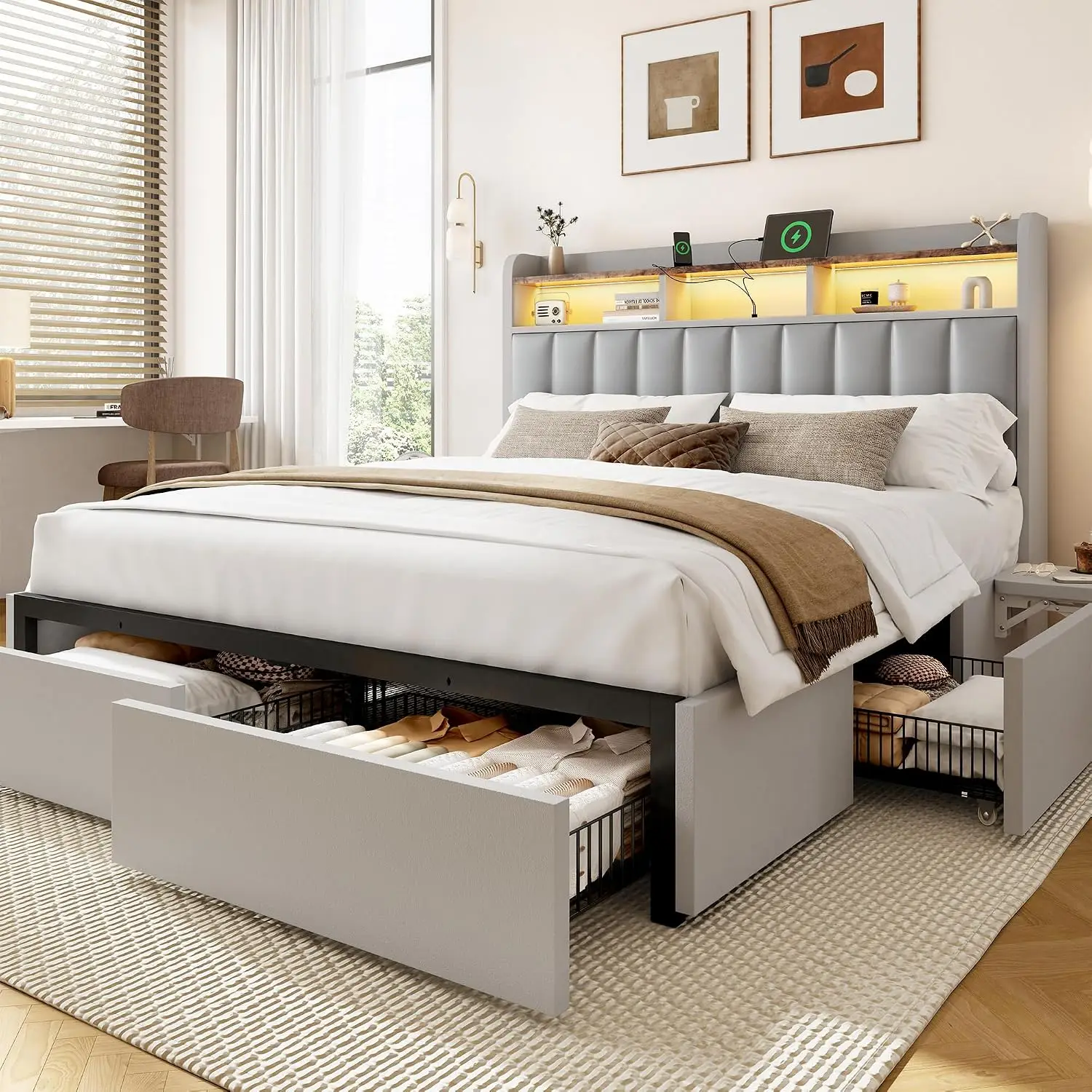 Queen Bed Frame Headboard 4 Storage Drawers Built-in Desk Charging Station Easy Assembly No Box Spring Light Grey, Customized