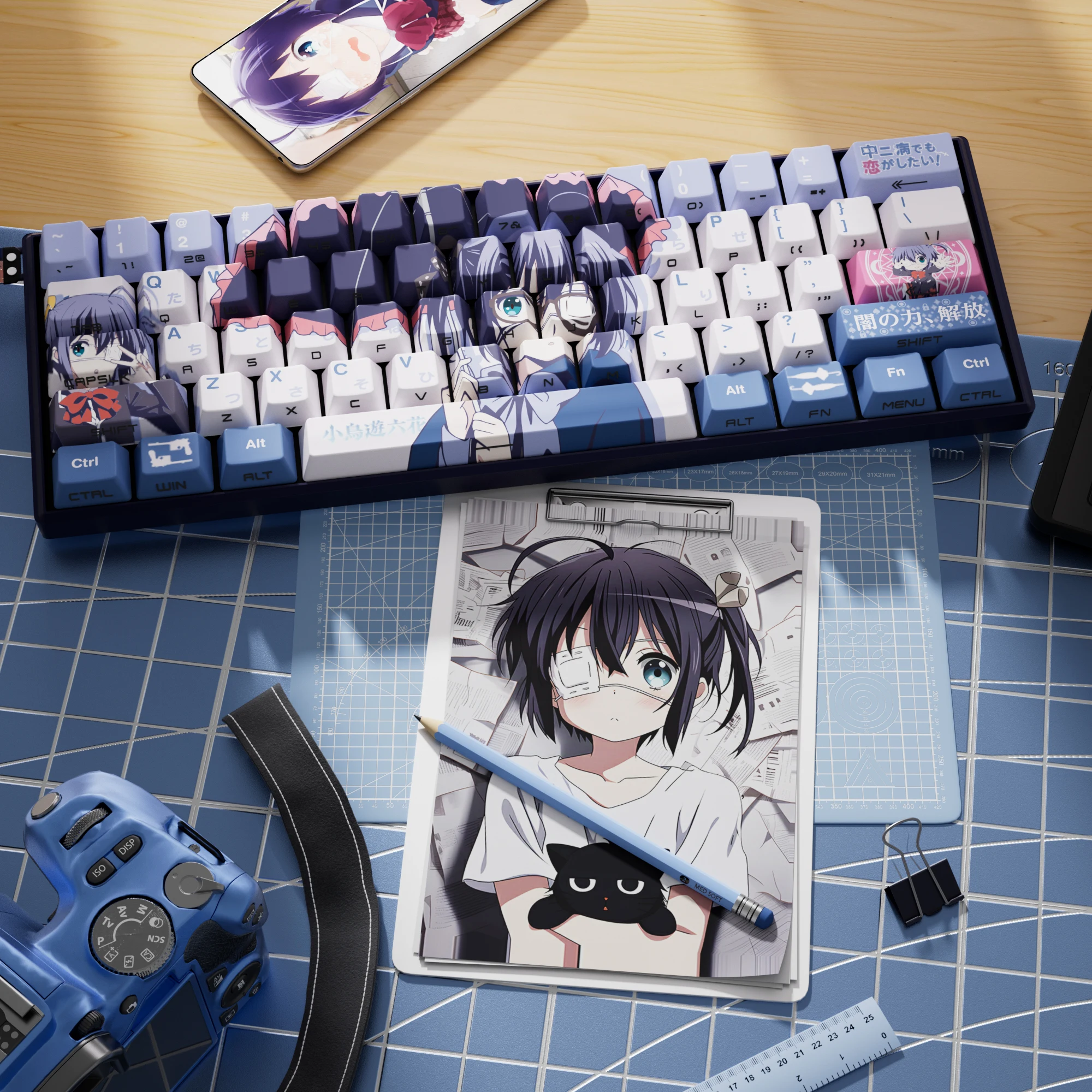 129 Kes Takanashi Rikka Translucent Keycaps Anime Side Print Keycaps PBT Dye-Sub Cherry for Mechanical Keyboard Wooting 60 65 68
