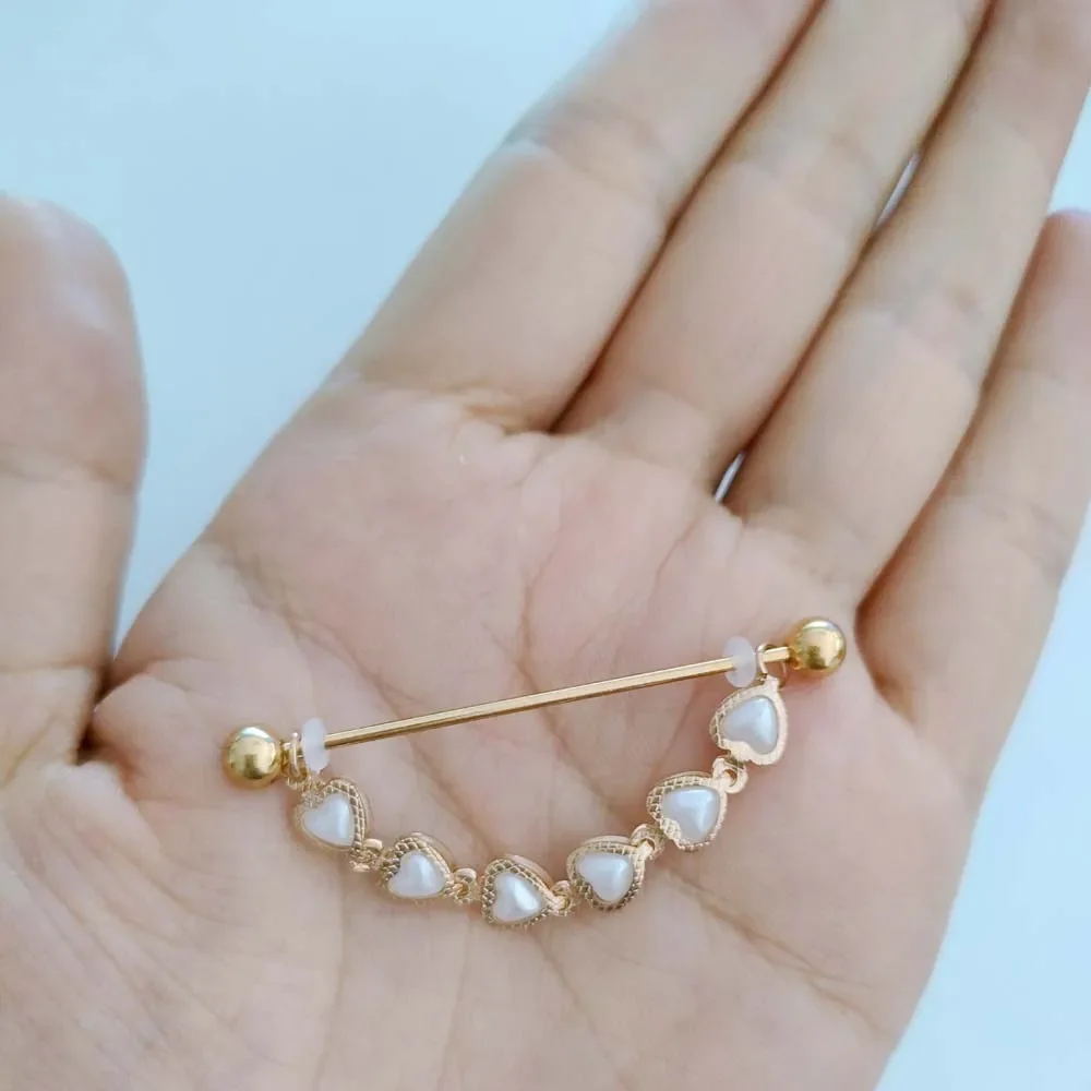 

1PC Surgical Steel Golden Industrial Piercing Barbell Heart Pearl Chain Vintage Ear Piercing Helix Cartilage Body Jewelry 16G