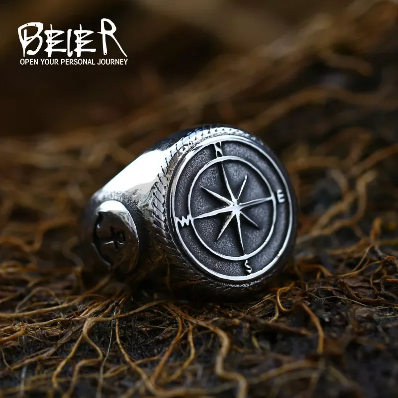 Beier 316L Stainless Steel Lychee Norse Viking Amulet Geometric Men Pirate Compass Cross Finger Ring Vintage Jewelry LR108