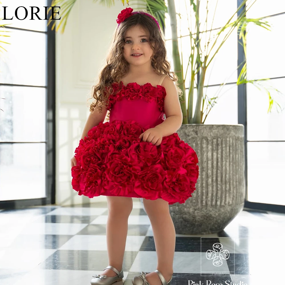 LORIE Cute Red Flower Girl Dresses Ball Gown Spaghetti Strap 3D Flowers Wedding Party Dress Gorgeous Birthday Dress Customized