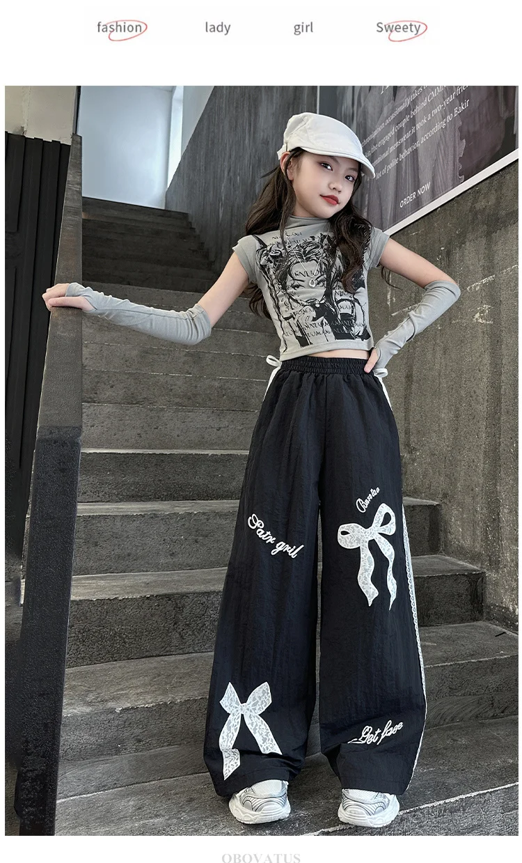 Schwarze Freizeithose für Kinder mit Spitzenschleife für Mädchen, Frühlingsmode, Spitzenhose, lockere Freizeithose mit weitem Bein, Streetwear – Detail 4