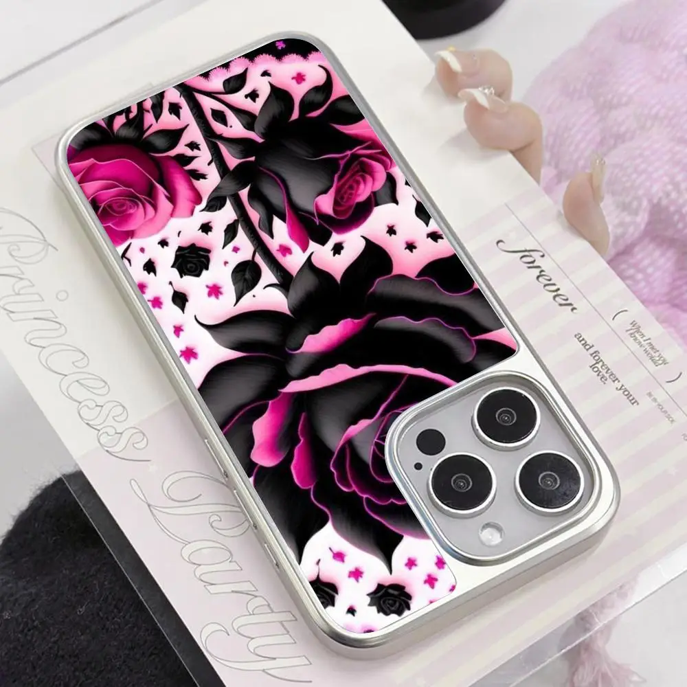 

Rose Flowers Phone Case for iPhone 17 16 15 14 13 12 11 Air Pro Max Plus Electroplated Silver Cover
