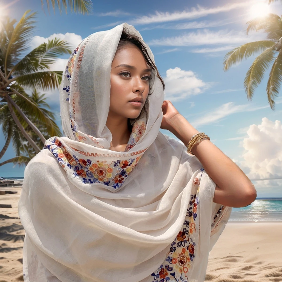 A fashionable bohemian style embroidered circle flower embroidered soft thin edged women\'s scarf shawl