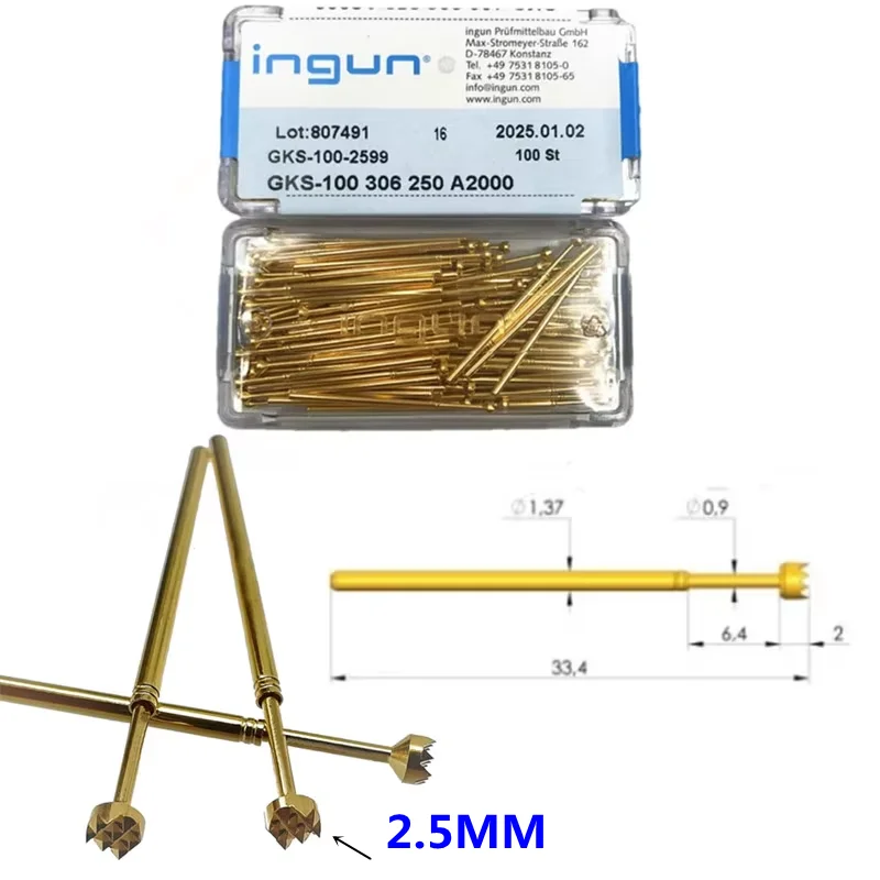 

100PCS INGUN Probe GKS100 306 250 A2000 Nine Claw Plum Blossom Head 2.5mm Spring Test Pin ICT Top Needle