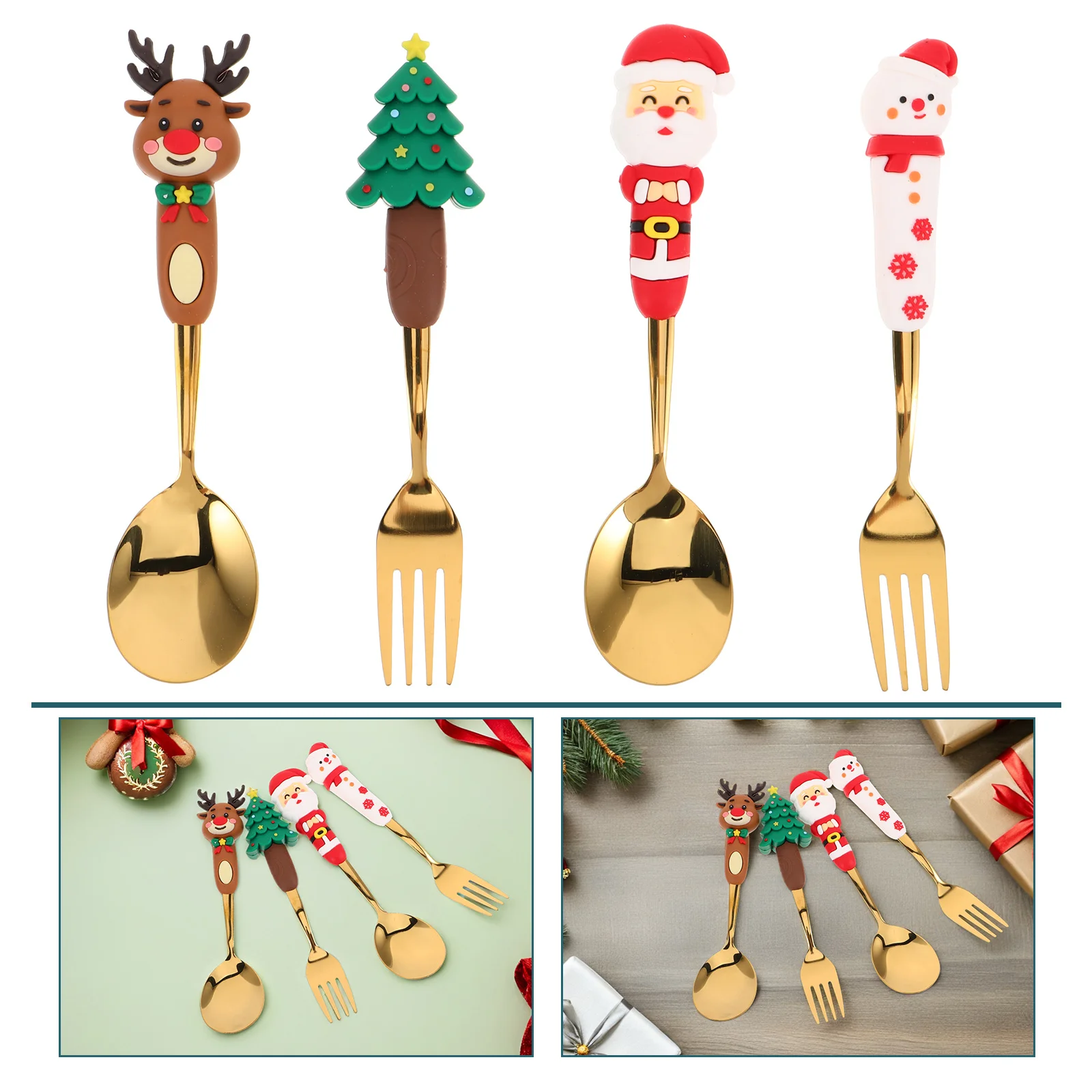

4Pcs Christmas Tableware Set Stainless Steel Dessert Forks Spoons Santa Xmas Tree Design Festive Holiday Dining