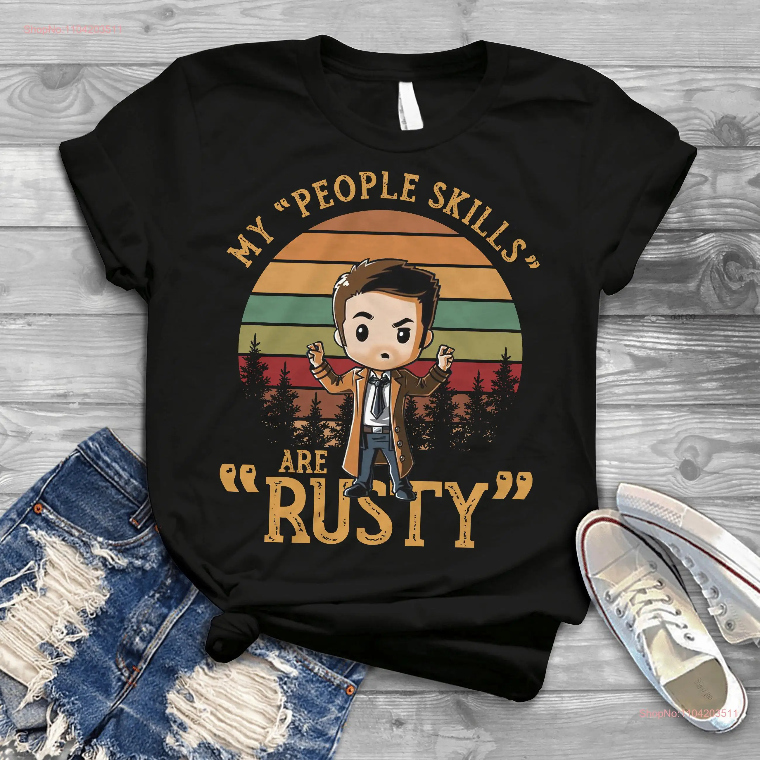 Castiel Supernatural My People Skills Are Rusty Cartoon Vintage T Shirt Winchesters Dean long or short sleeves