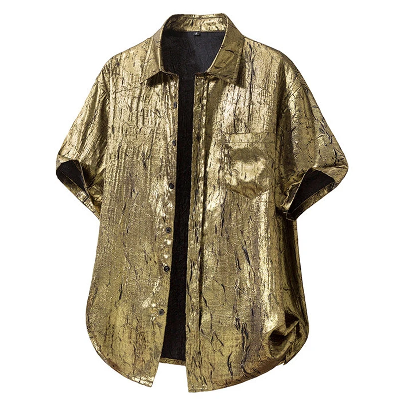 Vintage Metallic Gold Sliver Bronzing Print Man Shirts Hawaiian Dress Summer Luxury Holiday Mens Beach Shirt Hip Hop Streetwear