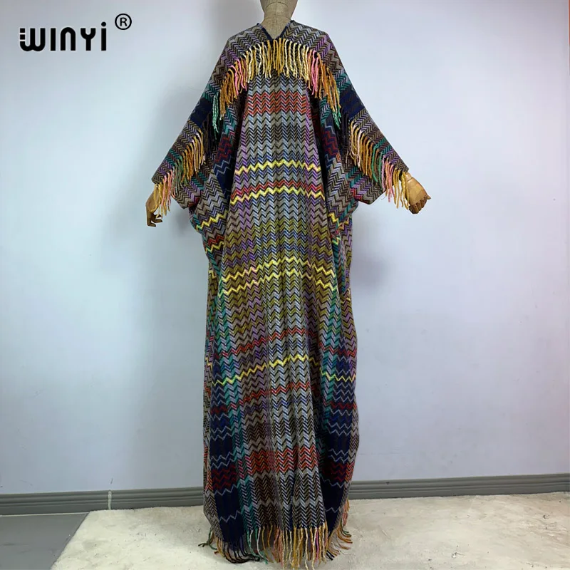 WINYI Winter new 2023 cloak Women High Quality poncho tassels Luxury Long Loose OverCoat Thick Warm Female long down coat jacket