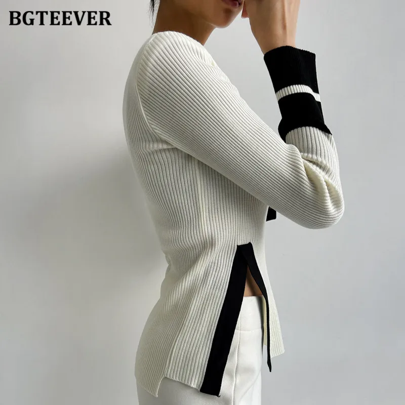 BGTEEVER Autumn Winter Fashion Slim Ladies Patchwork Sweaters Pullovers O-neck Long Sleeve Side Split Female Knitted Jumpers