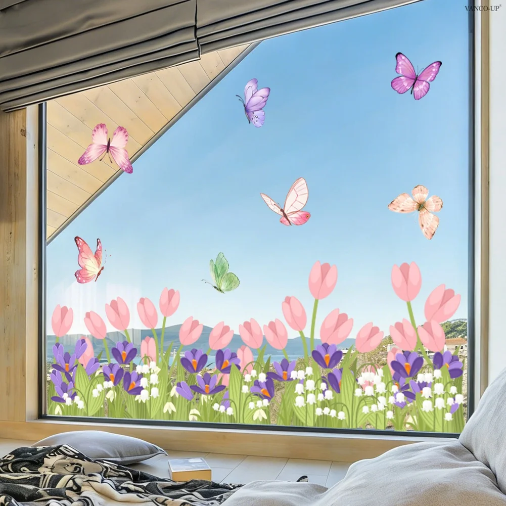 Floral Butterfly Static PVC Cling Stickers for Windows For Glass Doors Tiles Decor 60x30cm Double Sided View Home Use