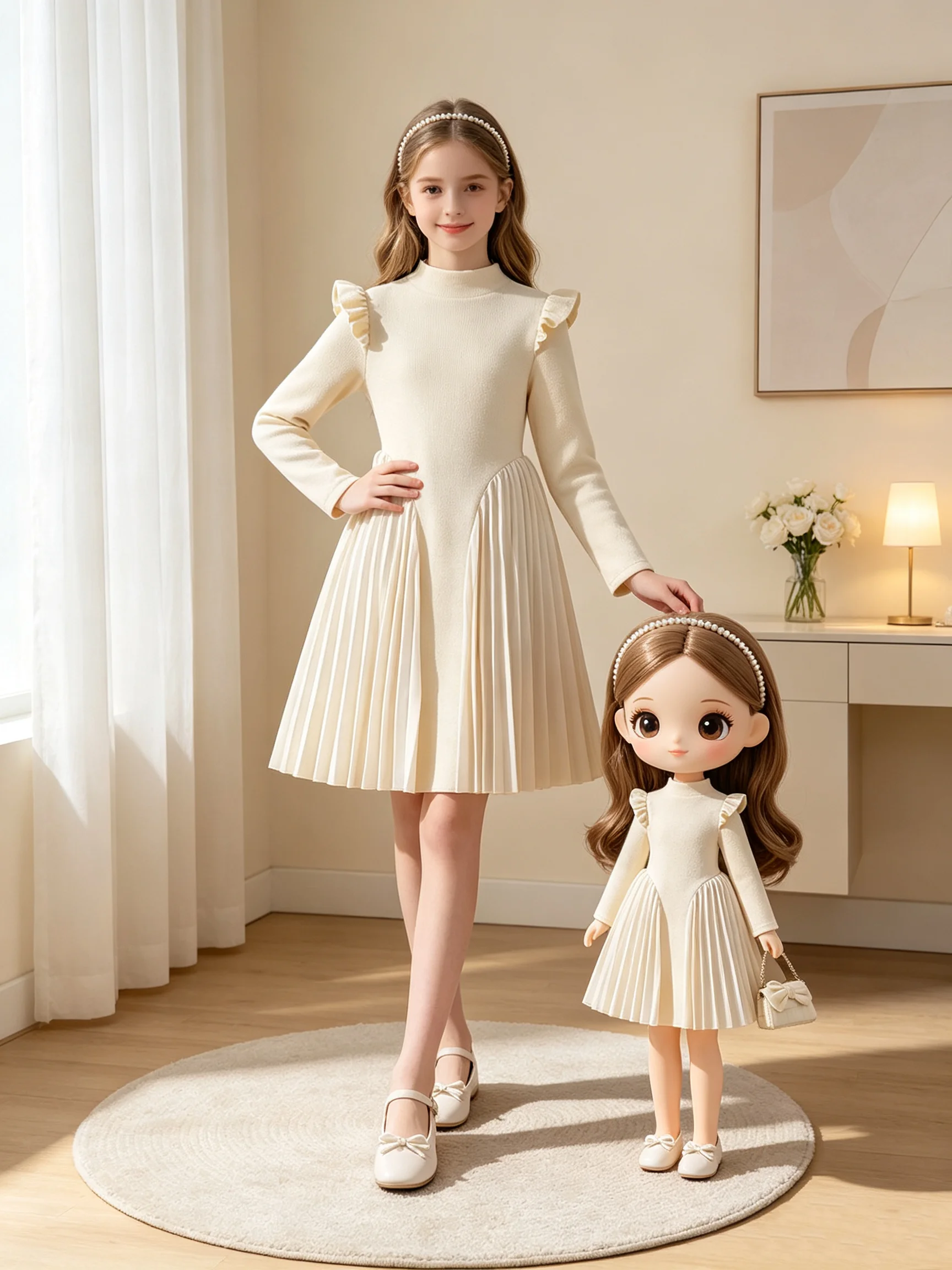 Elegantes, modisches Kinderkleid mit Rüschen und Falten, langen Ärmeln, einfarbig, Rundhalsausschnitt, mittellanger Rock für Kinderbekleidung. – Detail 2