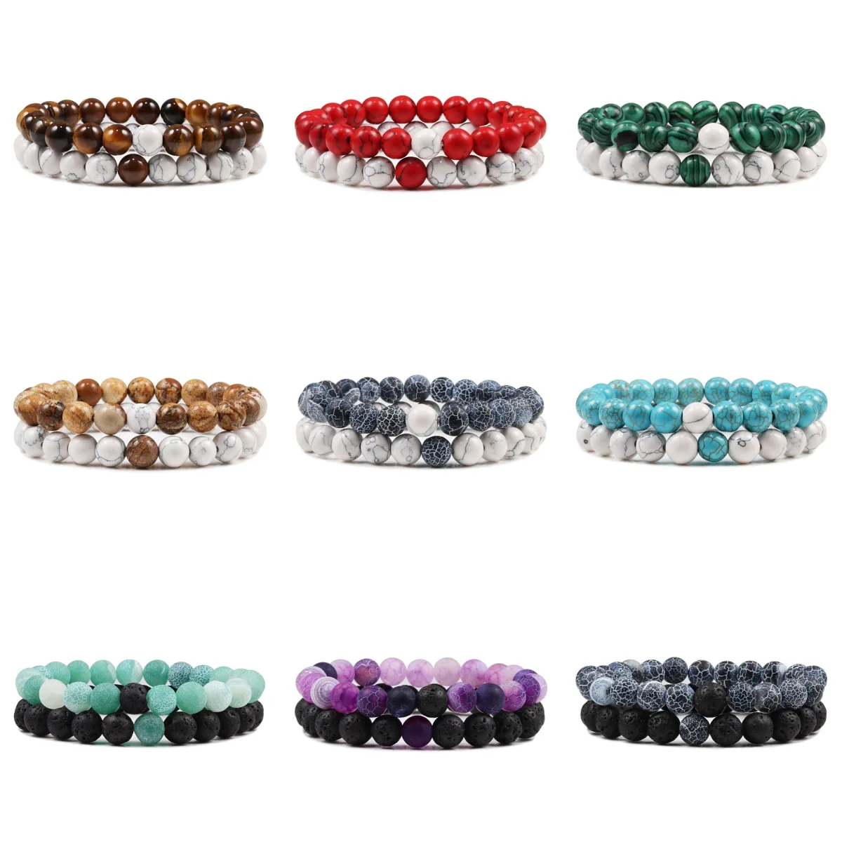 2Pcs Man Bracelets Set Of Tiger Eye Stone Peacock Stone Weathered Stone White Pine Map Stone Picture Bracelet Set Gift For Women