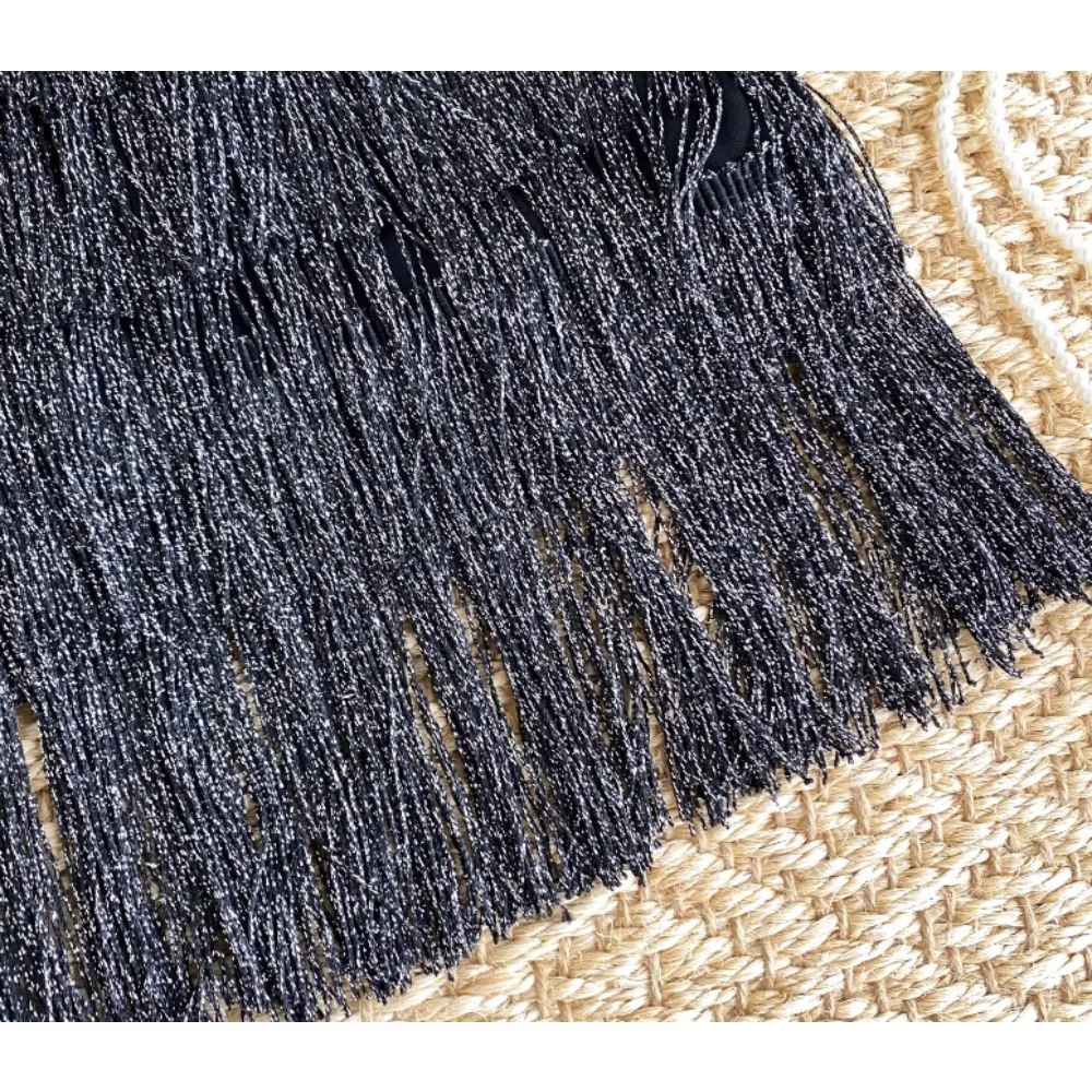 Elegancka, słodka, brokatowa spódniczka mini z frędzlami, elastyczną talią, seksowna, w kształcie litery A, na imprezę, modna, vintage, luksusowa, gotycka, wiosenno-letnia odzież damska.